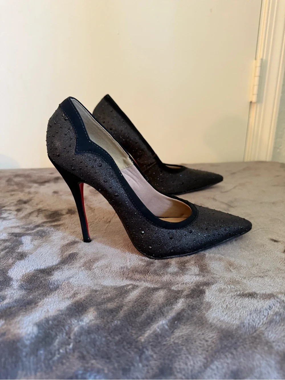 Black Pointed Toe Embellished Heels